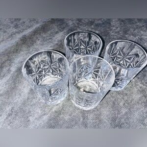 Set of 4 Vintage Cut Glass Rocks Tumblers | Crystal Starburst Whiskey Glasses